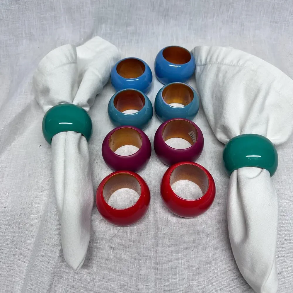 Vintage Colorful Wood Napkin Rings Set of 10 Lacquered Boho Tableware Holders